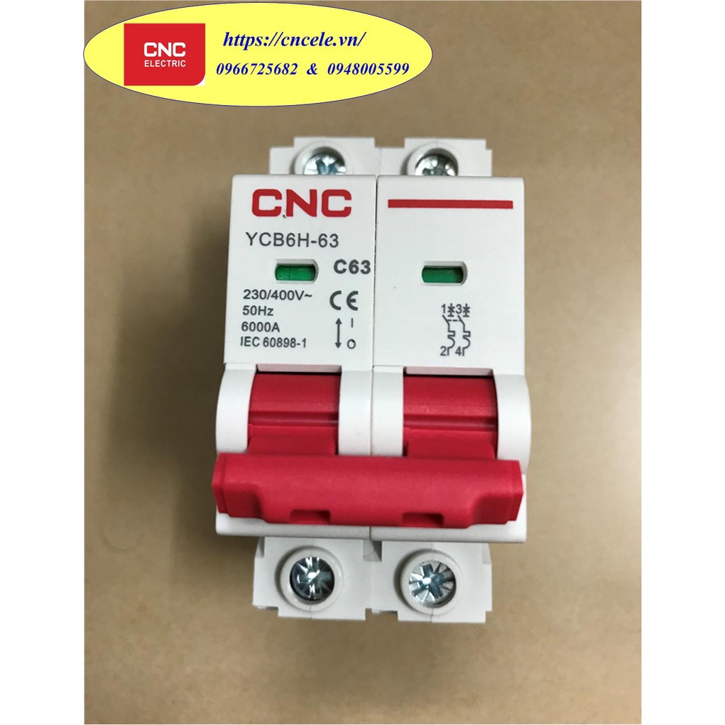 Aptomat CNC MCB 2P - 63A; Icu = 6KA; Mã YCB6H-63;  Attomat hãng CNC