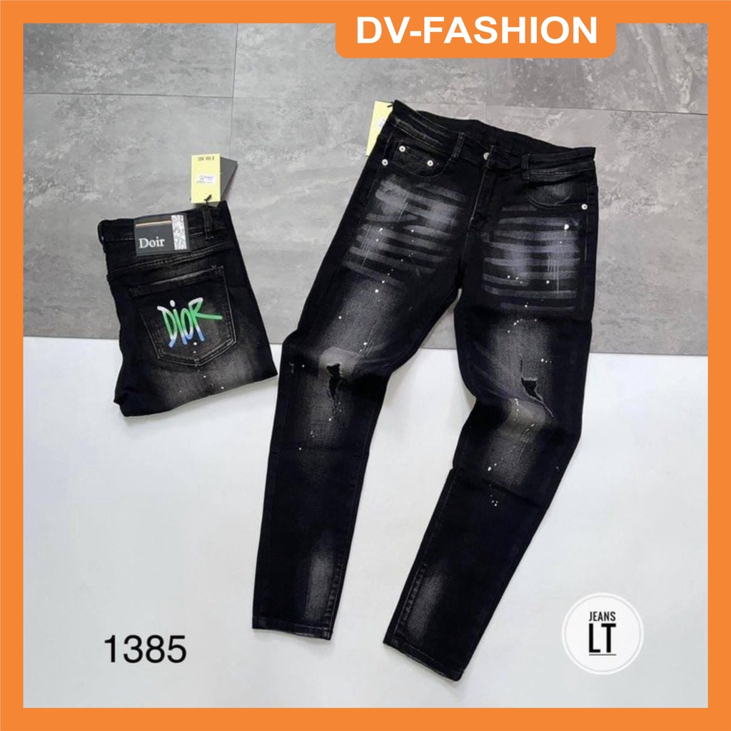 Quần jean nam đen rách gối vẩy sơn phối họa tiết sau túi sang trọng chất bò vải dày chuẩn from dáng đẹp