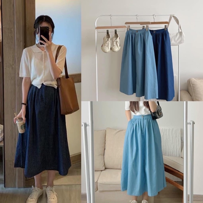 Chân váy jean dài chiết ly vải bò mềm xòe lưng cao ulzzang, Chân váy bò dài lưng chun sau siêu đẹp Maitrangshop92