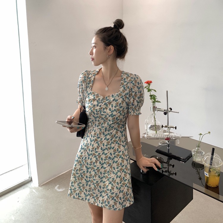 Xiaozhainv Đầm Tay Ngắn Cổ Vuông Họa Tiết Hoa/Màu Trơn Xinh Xắn Thời Trang Phong Cách Cổ Điển | BigBuy360 - bigbuy360.vn