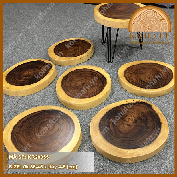 [HÀNG RẺ BÁN TẾT] Bàn cà phê vỉa hè, ghế đôn tròn mặt gỗ me tây nguyên tấm tự nhiên (35-40) x 4 x 45 cm