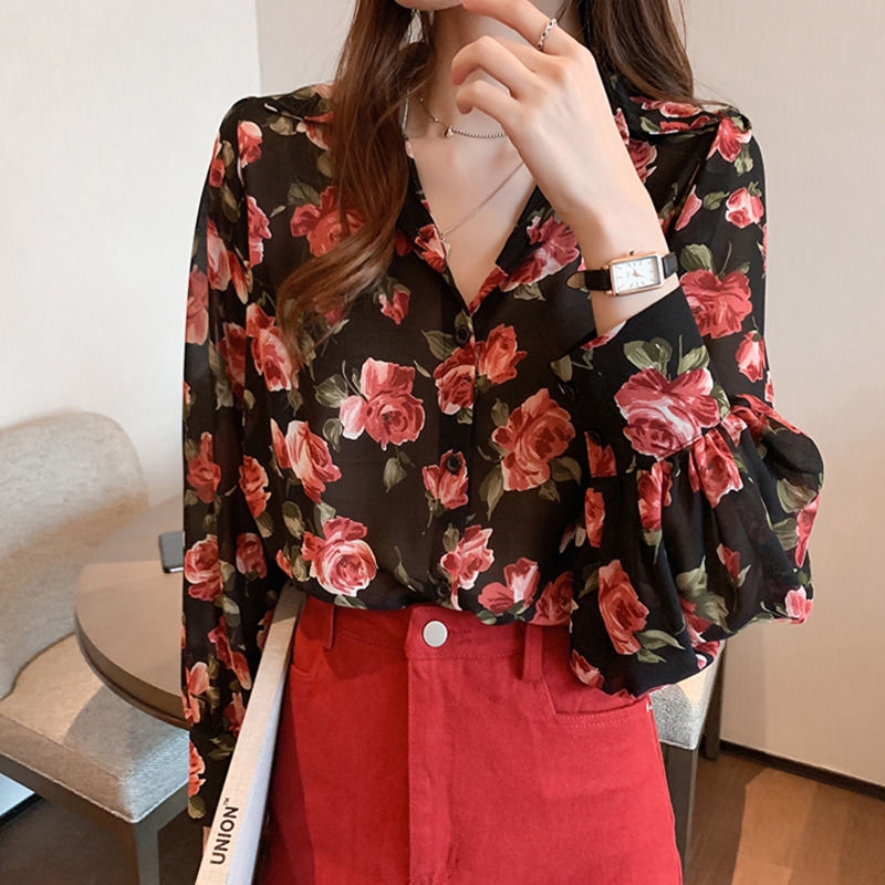 Áo Sơ Mi Chiffon Tay Phồng Dáng Rộng In Hoa Kiểu Hàn Quốc Xinh Xắn Cho Nữ | BigBuy360 - bigbuy360.vn