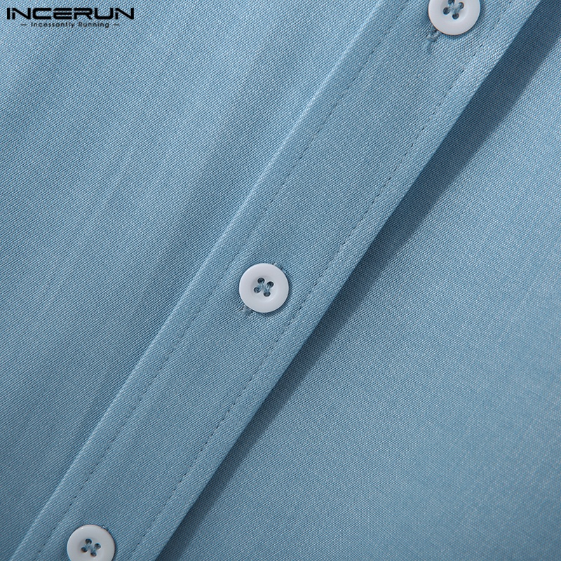 Áo sơ mi denim INCERUN ngắn tay màu trơn phối túi hộp thời trang cho nam