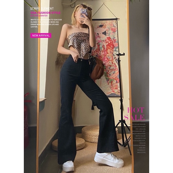 Quần jeans thô co giãn màu đen ống loe siêu hack dáng ôm body Korea Style