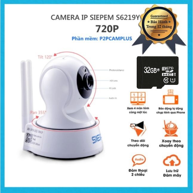 Camera Siepem S6219Y 1.0MP Dùng App P2Pcamplus Xoay Theo Sự Chuyển Động + Thẻ Nhớ 32Gb