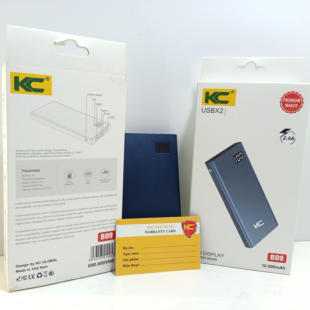 Sạc dự phòng 10.000mah chính hãng KC B09 - SDP 10.000mAh Hỗ Trợ Sạc Nhanh - Bảo Hành 12 Tháng