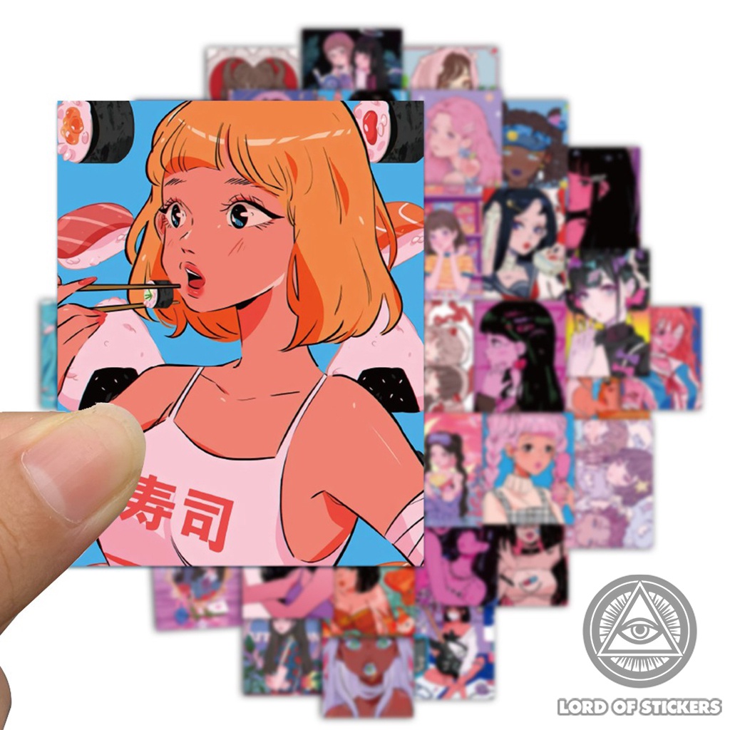 Set 50 Nhãn Dán Hoạt Hình Cute Anime Girl Sticker Retro Cô Gái Nhật Bản Chống Thấm Nước Trang Trí Mũ Bảo Hiểm, Laptop Sổ