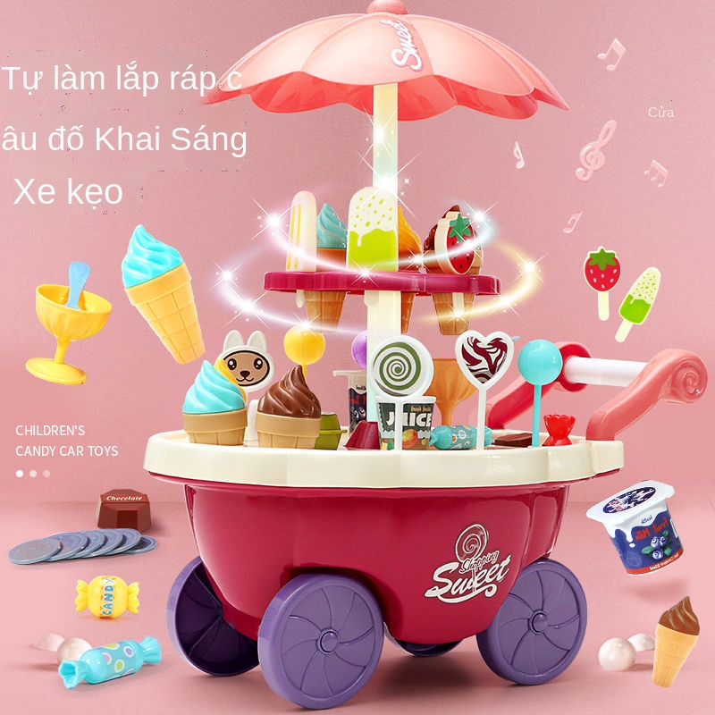 ♀Đồ chơi trẻ em ngôi nhà kem xe đẩy âm nhạc đồ chơi cô gái kẹo kem xe đẩy máy làm kem bộ đồ trẻ em