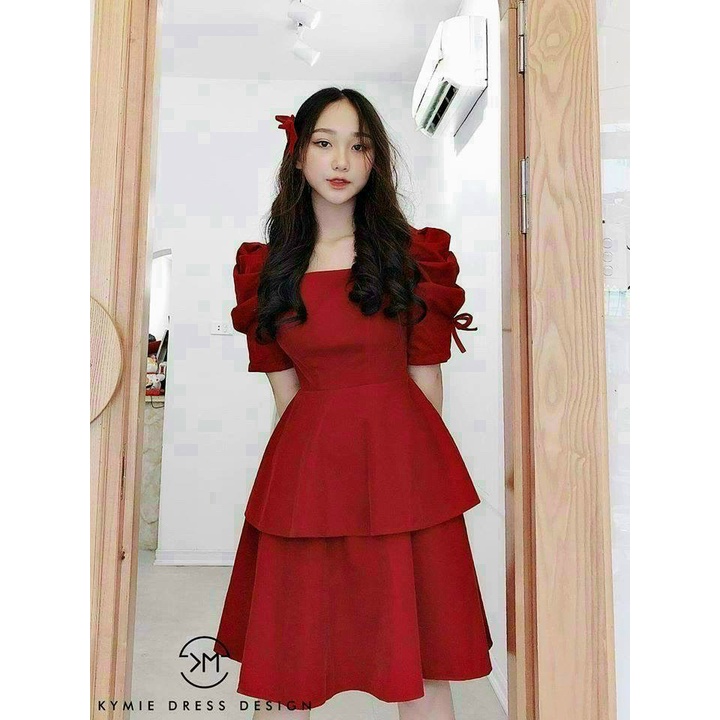 Đầm nữ thời trang mặc đi chơi chất for cổ vuông tay ngắn phối nơ váy xếp ly phối tầng xinh xắn