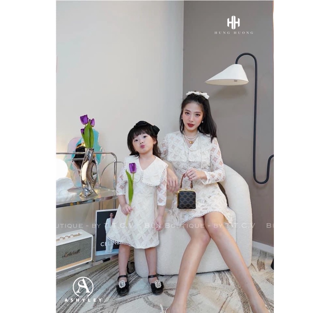 VÁY REN HOA NỔI CỔ SEN VUÔNG MẸ BÉ