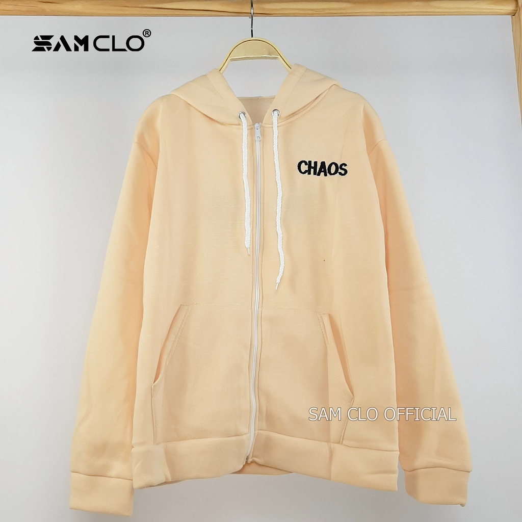 ÁO KHOÁC NỈ SAM CLO nữ freesize hoodie có khóa kéo tay dài thu đông dáng unisex THÊU chữ CHAOS