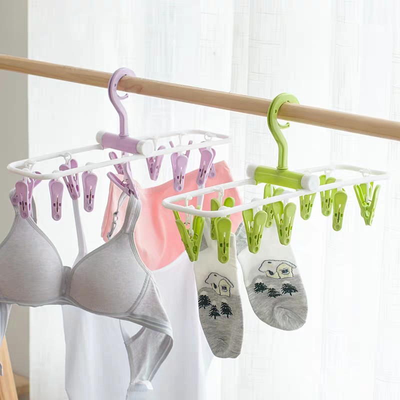 Móc Nhựa Chùm 12 Kẹp Phơi Đồ Thông Minh Xoay 360 độ, Gấp Gọn,Chống Gió, Phơi Đồ Cho Trẻ Nhỏ, Quần Áo, Vớ, Tất, Đồ Lót
