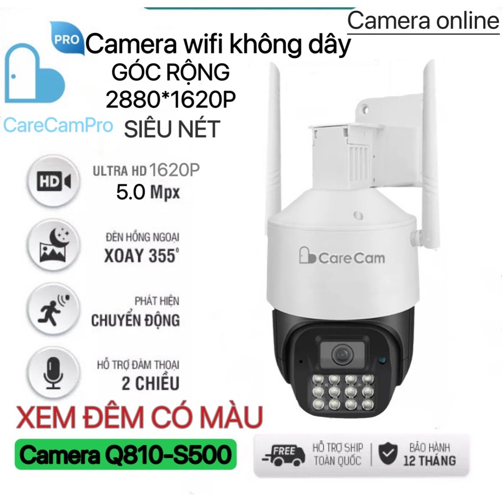 Camera wifi ngoài trời Carecam Q8S500 PTZ 12 led 5.0MP Full HD - Xem ĐÊM MÀU,xoay 360 ,ngoài trời chống nước, ĐÀM THOẠI