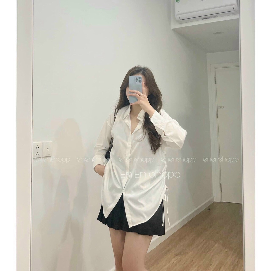 ( MIỄN PHÍ SHIP 2022) Áo sơ mi nữ trơn màu basic, sơ mi from rộng rút dây hông tay dài đi học đi làm xinh xắn