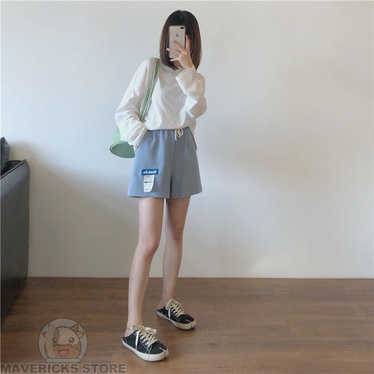 Quần Short Thể Thao Lưng Cao Ống Rộng Phong Cách Hàn Quốc Cho Nữ