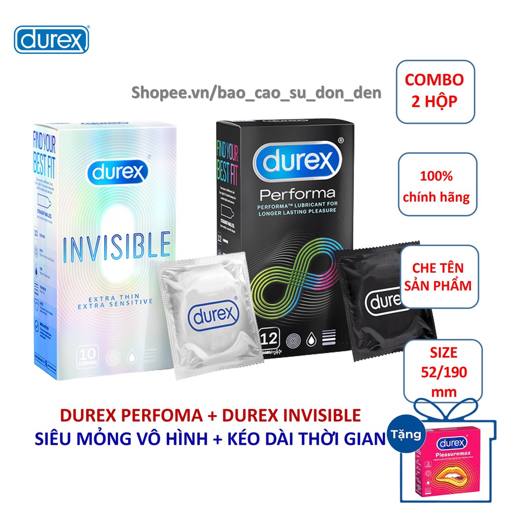 [BAO CAO SU DUREX] COMBO 10 bao cao su siêu mỏng Durex Invisible + 12 bao cao su kéo dài thời gian Durex Performa