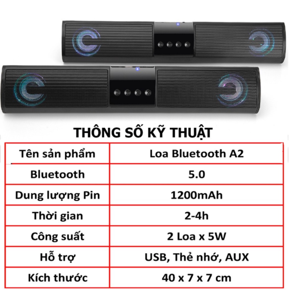 Loa Bluetooth Speaker A2  FREESHIP  Loa Dáng Dài 2 Loa Cực Đỉnh, Kểu Dáng Sang Trọng Hỗ Trợ Thẻ Nhớ