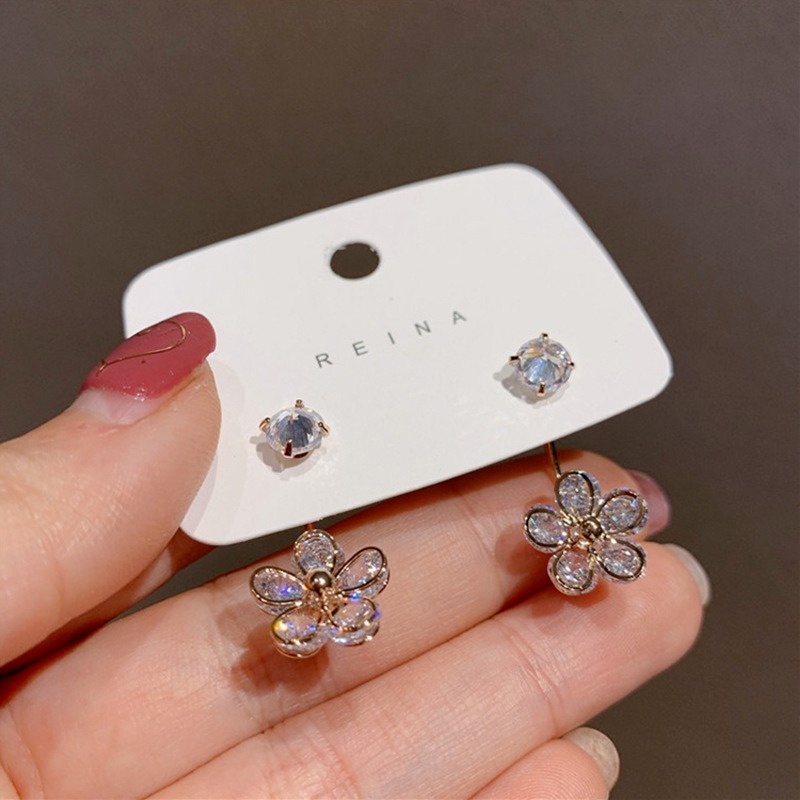 Khuyên tai hình cánh hoa đính đá zircon phong cách Hàn Quốc sang trọng thời trang cho nữ