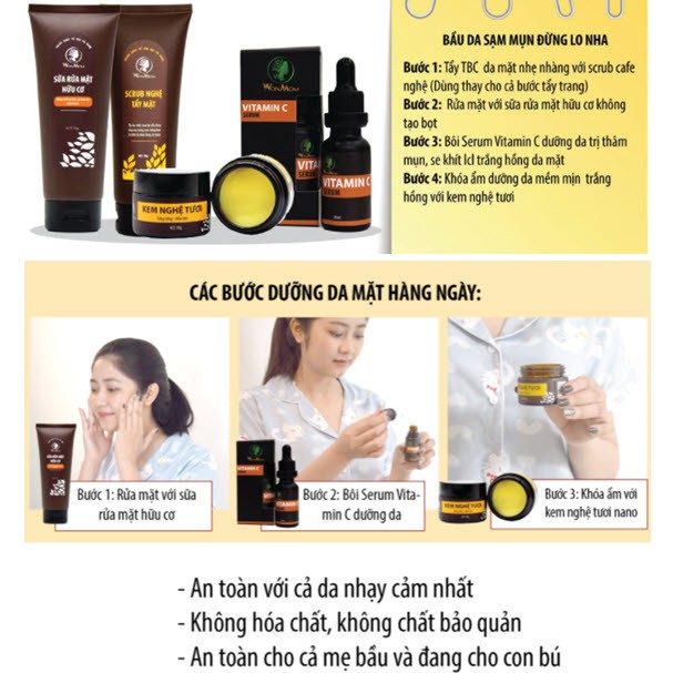Bộ chăm sóc da mặt hữu cơ Wonmom - Dưỡng trắng, mụn, thâm nám (Sữa rửa mặt, Kem nghệ, Serum vitamin C) WM | BigBuy360 - bigbuy360.vn