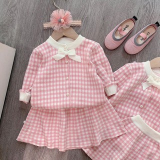 set váy len kẻ hồng QCCC
