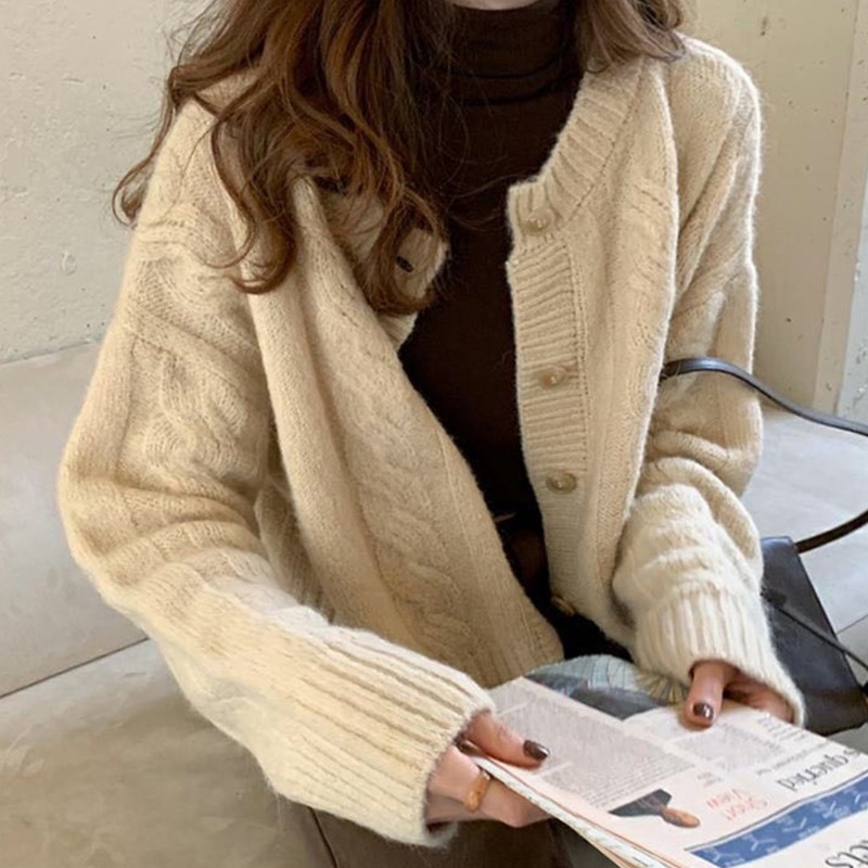 Áo khoác cardigan dệt kim tay dài dáng rộng phong cách retro thời trang cho nữ
