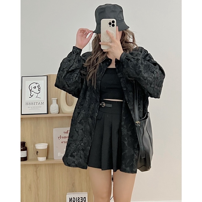 Áo Sơ Mi Nữ Dáng Rộng Oversize Chất Gấm Xốp Hoa Nổi 3D Dài Tay - Hanju