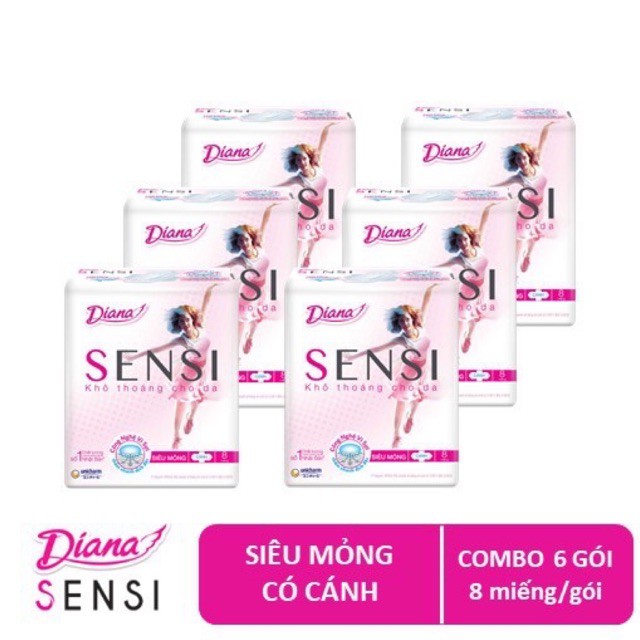 Combo 6 Băng Vệ Sinh Diana Sensi Siêu Mỏng Cánh (Gói 8 Miếng)