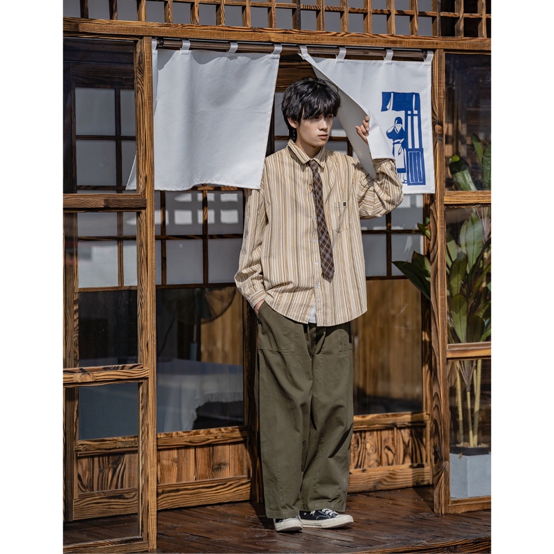 Áo Sơ Mi Tay Ngắn Kẻ Sọc Dáng Rộng Phong Cách Nhật Bản Thời Trang Mùa Xuân Cho Nam 2022