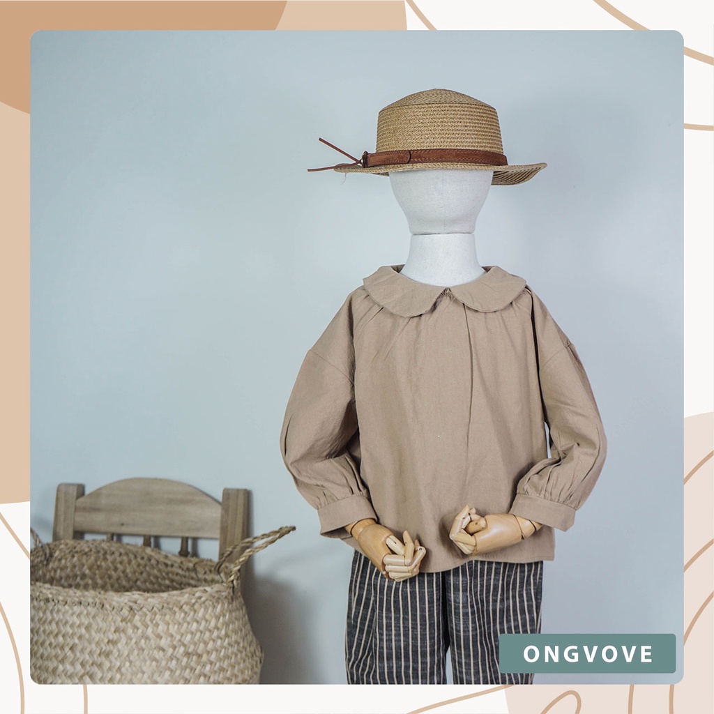 Áo dài tay bé gái Ongvove - Chất thô mềm, màu trơn dáng basic cổ tròn điệu đà rất đáng yêu 20D72KQ090