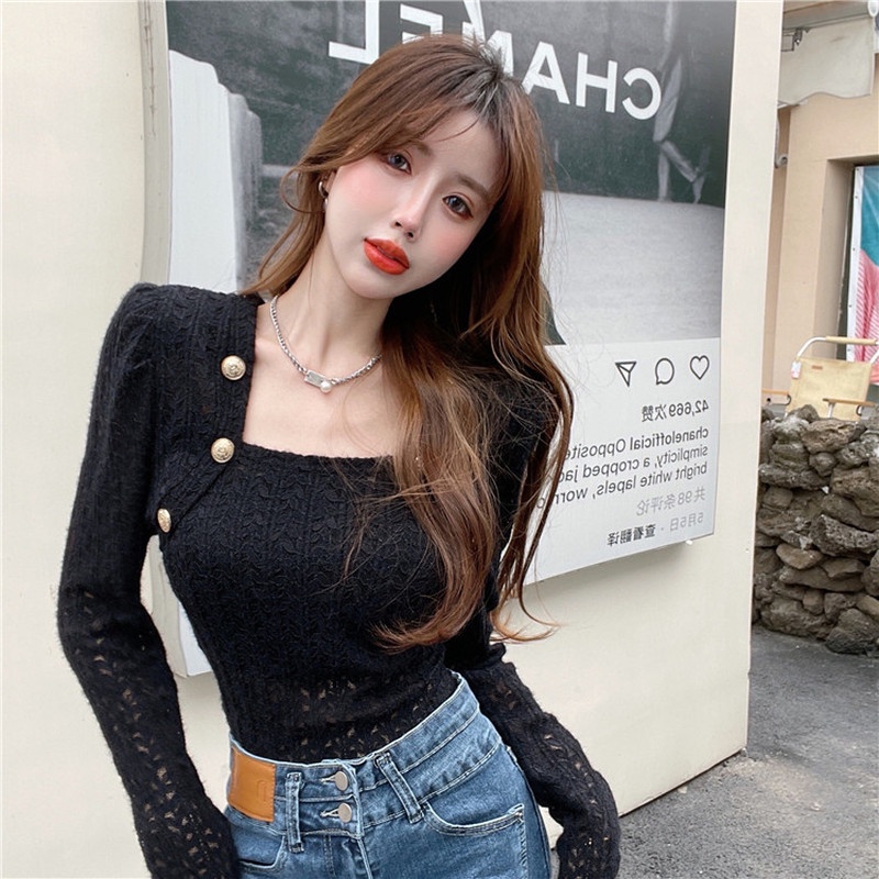 Áo sơ mi tay dài cổ vuông phối ren quyến rũ hợp thời trang