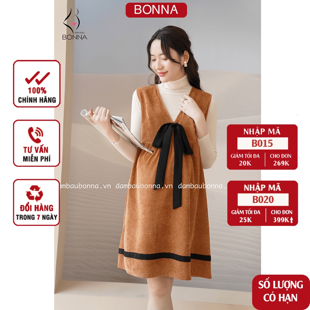 Váy bầu thu đông BONNA dáng yếm babydoll trẻ trung, nữ tính, chất nhung tăm cao cấp V922 (Sản phẩm không đi kèm áo len)