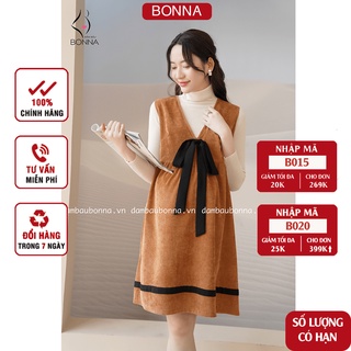 Váy bầu thu đông BONNA kiểu dáng yếm babydoll, cổ chữ V, chất nhung tăm mịn, ấm áp V922 (SẢN PHẨM KHÔNG ĐI KÈM ÁO LEN)