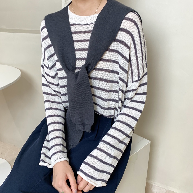 Set áo sweater SUXI dệt kim tay dài dáng rộng họa tiết kẻ sọc có khăn choàng cổ phong cách Hàn Quốc thời trang