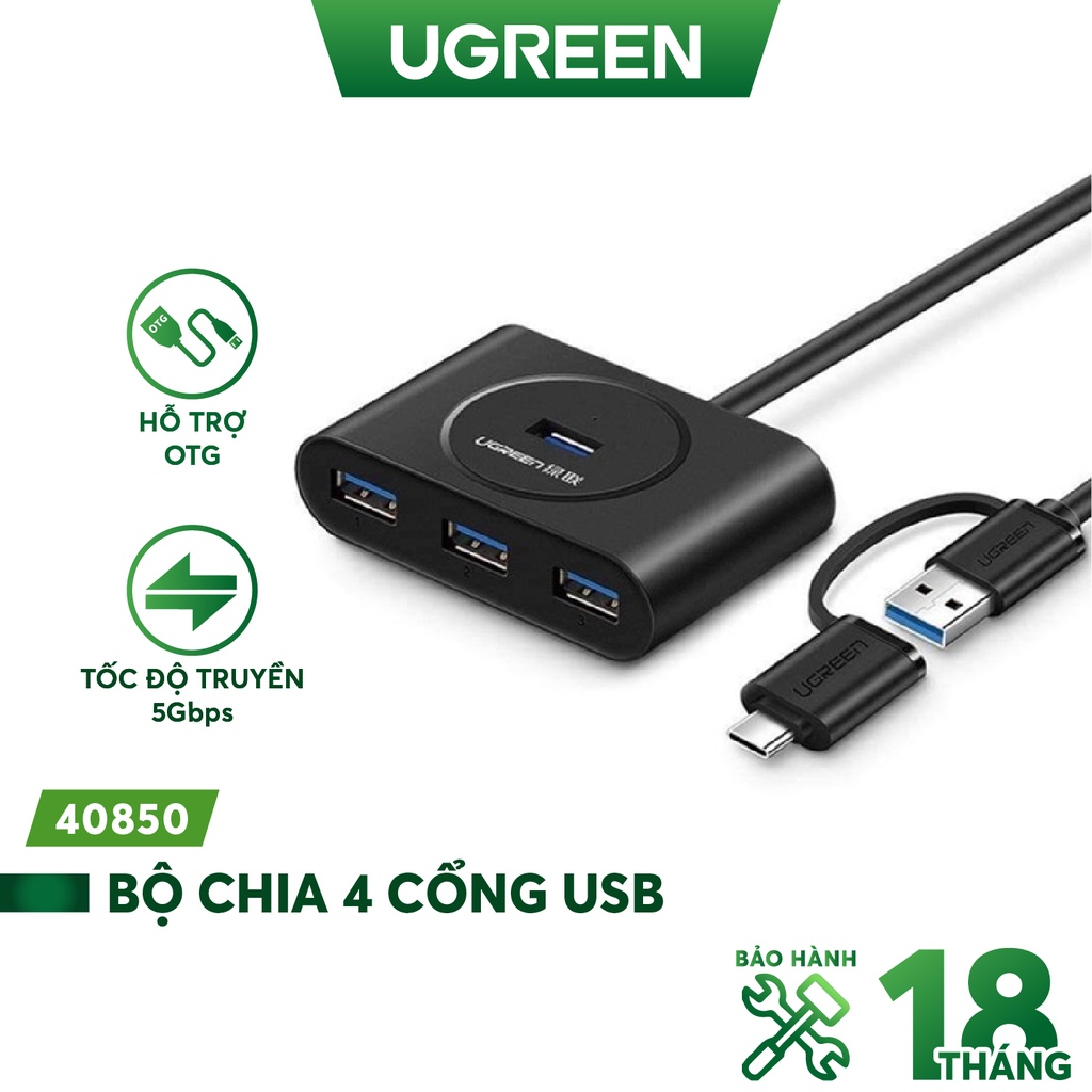 Bộ chia cổng USB 3.0 / USB type C sang 4 cổng USB 3.0 dài 1m UGREEN 40850 - Hàng phân phối chính hãng Bảo hành 18 tháng