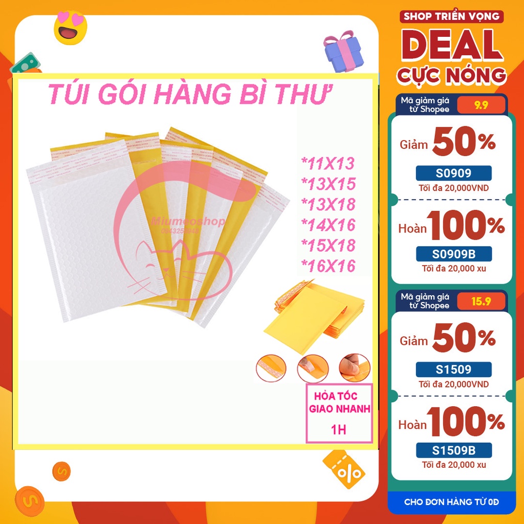 (combo 50)Túi gói hàng chống sốc bóng khí đóng gói hàng hóa an toàn nhiều kích thước, túi đóng hàng bao bì thư