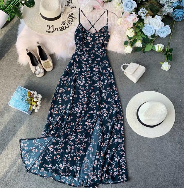 Váy maxi hoa nhí 2 dây hở lưng đan chéo dây lưng chun xẻ tà chất mát siêu sexy đi biển