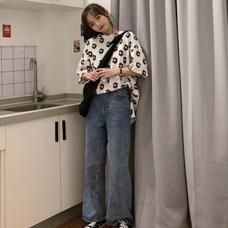 Áo Thun Tay Ngắn Cổ Tròn Hoạ Tiết Hoa Thiết Kế Dáng Rộng Thoải Mái