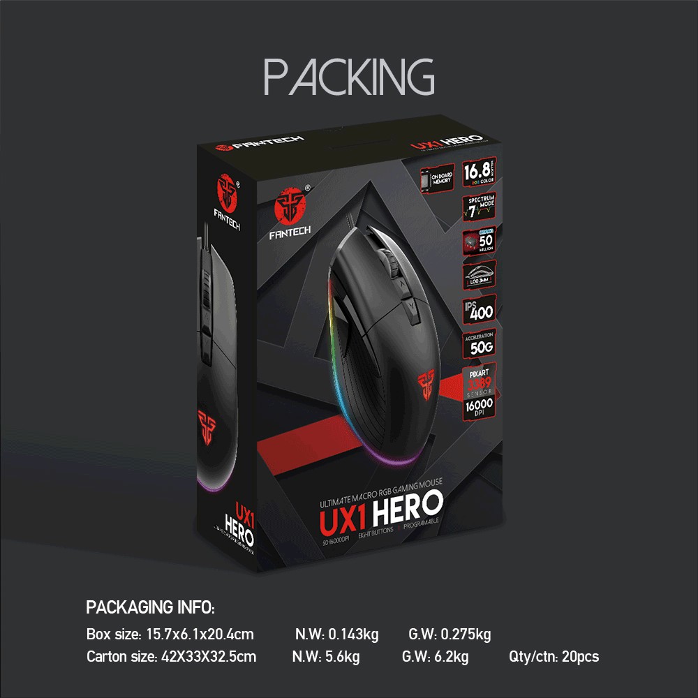 Chuột chơi Game FANTECH UX1 siêu bền 50 triệu lần click, DPI 16000, LED RGB, kết nối thông qua jack cắm USB