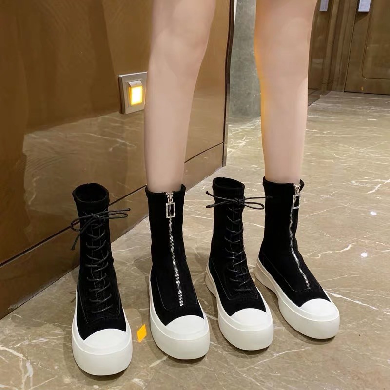 Boots nữ cổ ngắn nhung da lộn có khóa kéo đế bằng cao 4cm