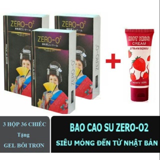 Bộ 3 Hộp 36 Chiếc Bao Cao Su Nhật Bản Zero O2 Tặng Gel Bôi Trơn Dâu Tây HotKiss 50ml