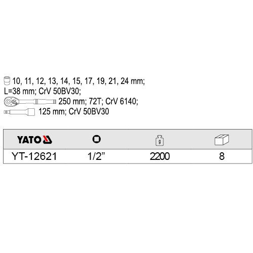 Đồ Nghề Yato Balan. Bộ tuýp tay vặn tổng hợp 1/2 inch 12 chi tiết Yato YT-12621