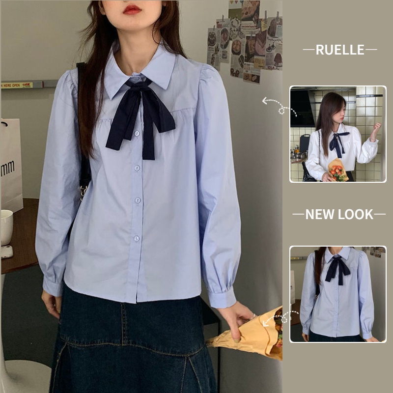 Áo sơ mi màu trơn dài tay thắt nơ xinh xắn thời trang Hàn Quốc cho nữ