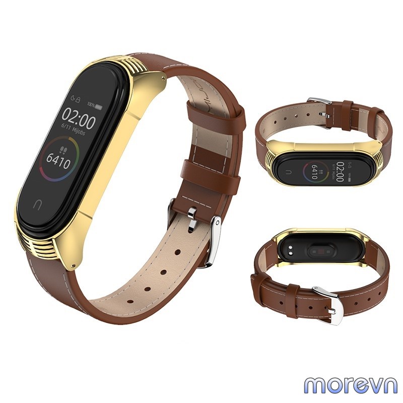 Dây đeo da bò viền vân Mi band 4, mi band 3 chính hãng Mijobs - dây đeo thay thế miband 4, miband 3 da bò vân TF Mijobs