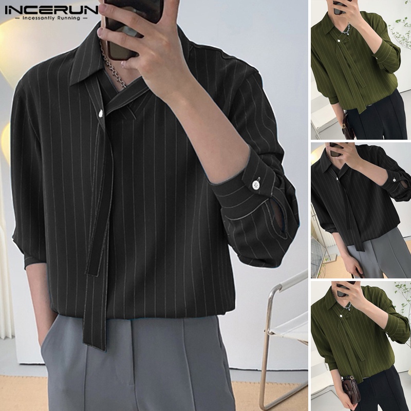 Áo sơ mi INCERUN tay dài cổ V kẻ sọc dọc kiểu cổ điển cho nam