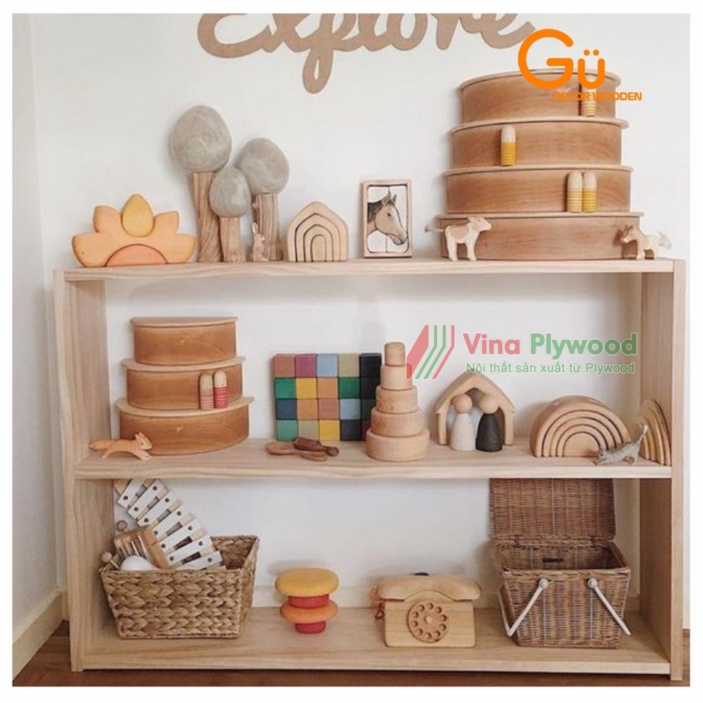 Kệ để đồ chơi montessori chất liệu plywood an toàn cho trẻ, gỗ đạt chuẩn Carb-p2