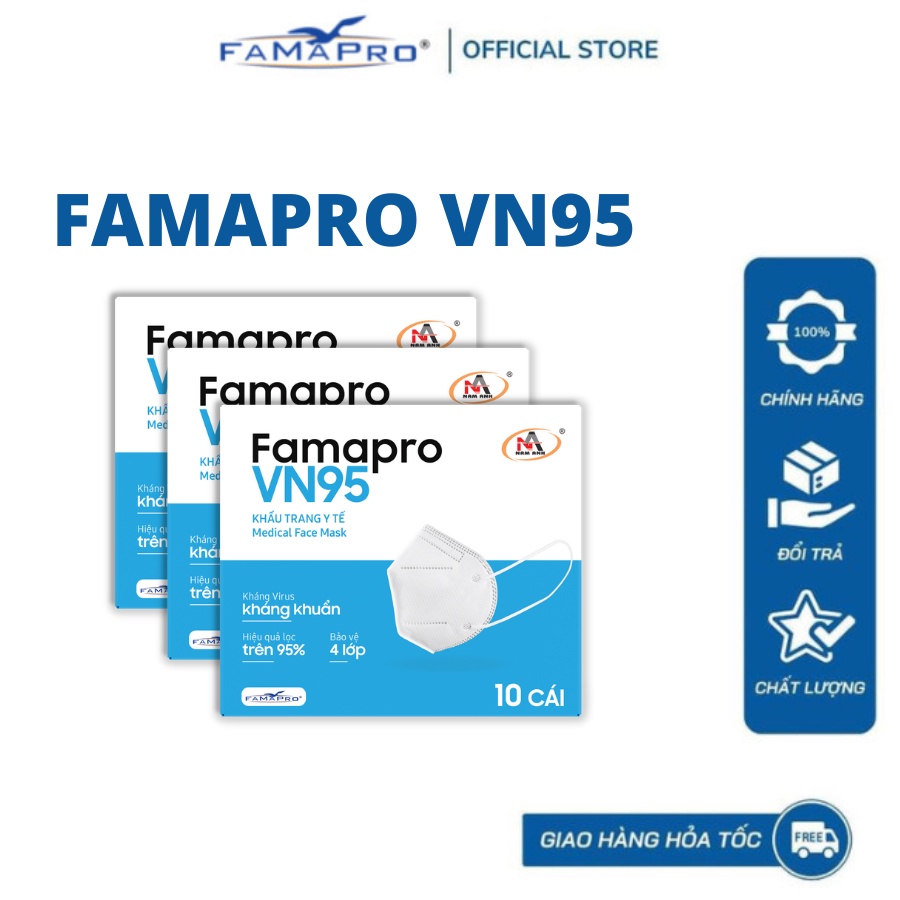 [COMBO 3 HỘP ]Khẩu trang y tế kháng khuẩn 4 lớp Famapro VN95 hộp 10 cái