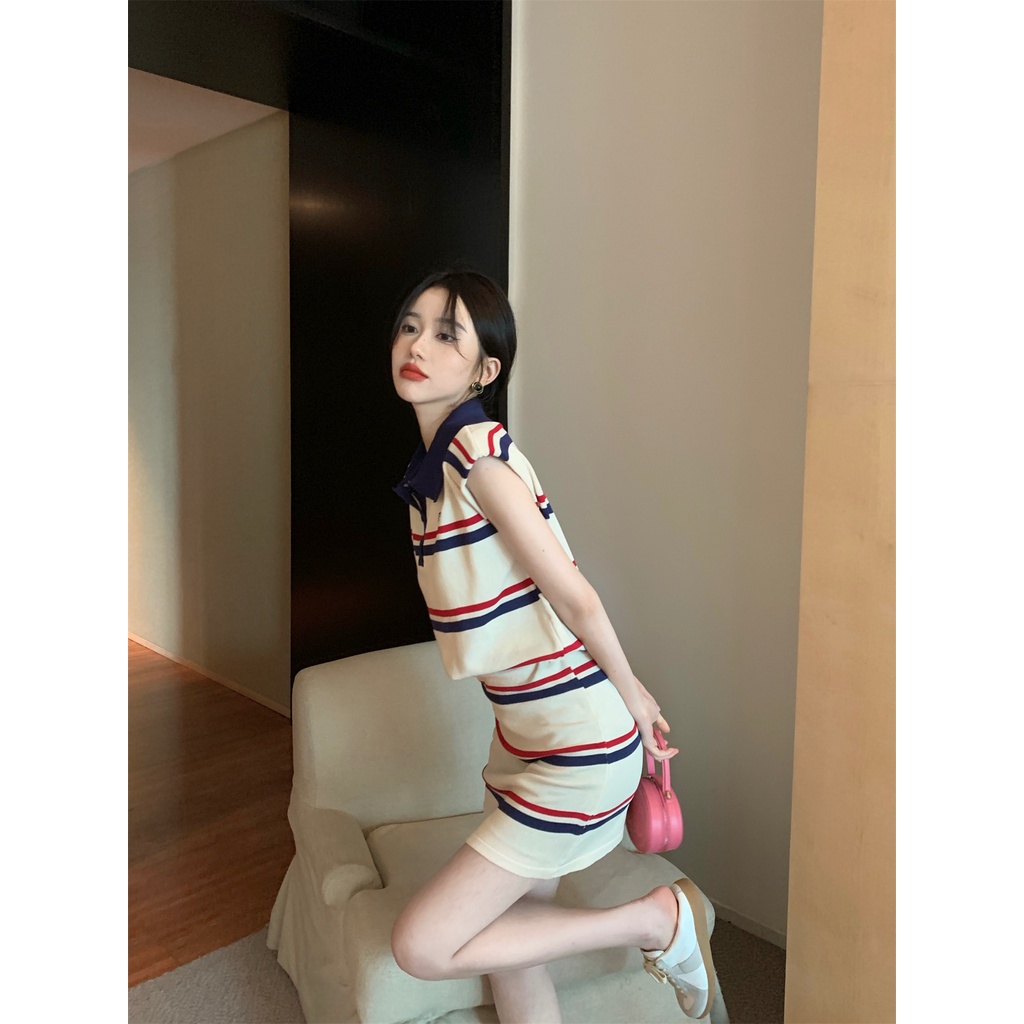 Cocory vn Set Áo Dệt Kim Sát Nách Và Chân Váy Chữ A Lưng Cao Thời Trang Mùa Hè