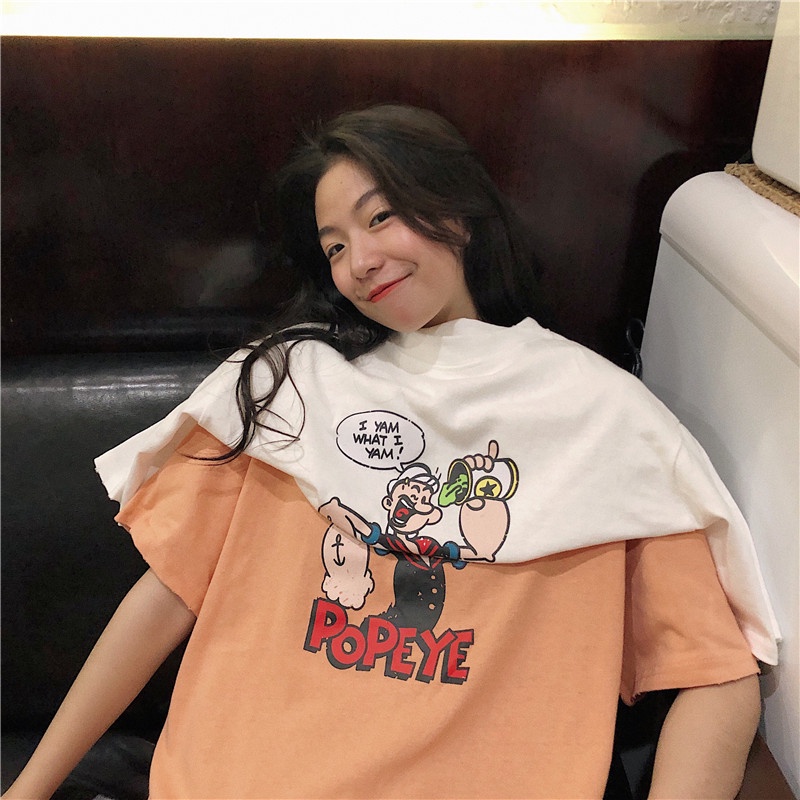 SUXI Áo Thun Tay Ngắn Dáng Rộng In Hoạt Hình Kiểu Retro Hàn Quốc Dễ Thương