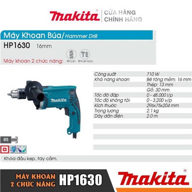 [Chính Hãng] Máy Khoan Búa Makita HP1630 (710W-16MM), Giá Đại Lý Cấp 1, Bảo Hành Tại Các TTBH Toàn Quốc