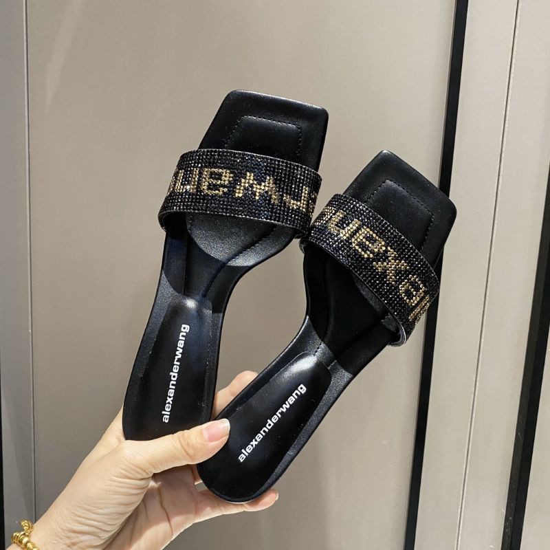 Guốc thời trang nữ mũi vuông quai ngang đính đá chữ Wang Alexander Wang AW gót 5cm
